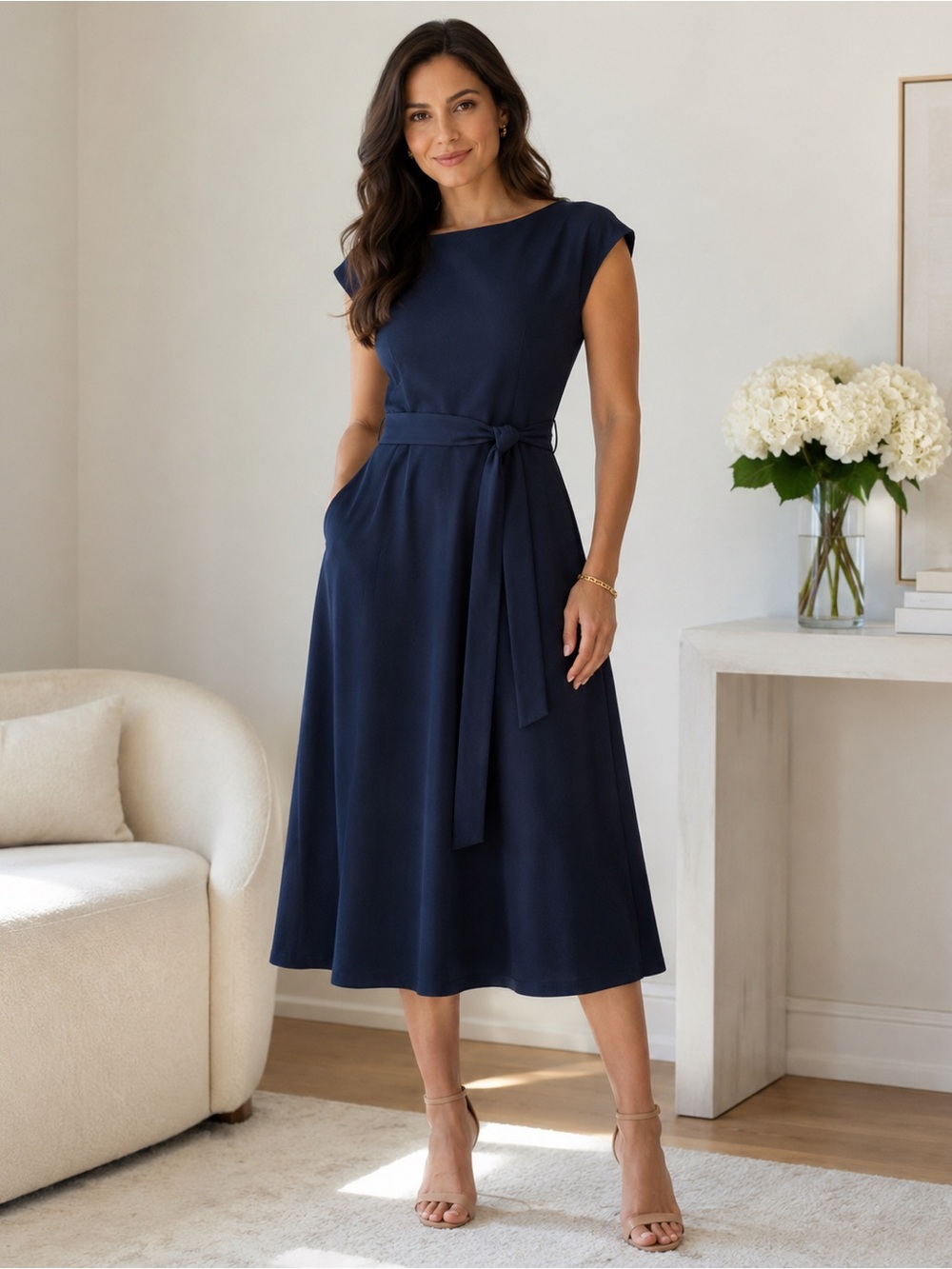 DressTells Navy Fit & Flare Midi Dress Size S NWT Belted Cap Sleeve